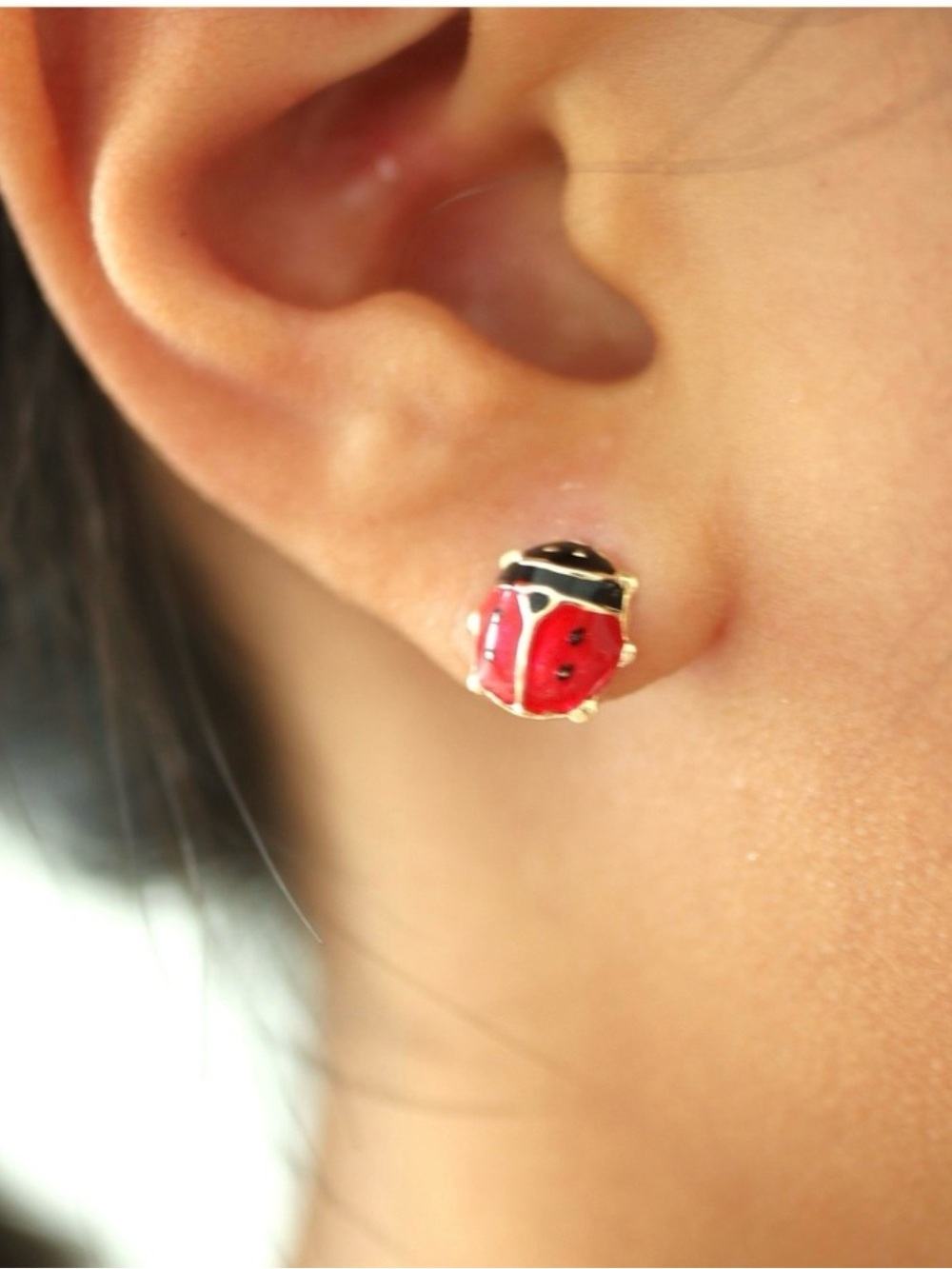 Ladybug 14k gold Stud Earrings - Red and Black Enamel - Picture 2 of 6